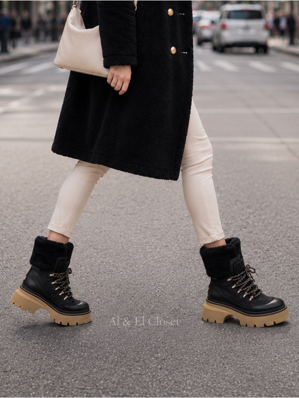 Michael Kors Shiloh Black Leather Faux Shearling Lug Sole Boots US 8.5 NWB